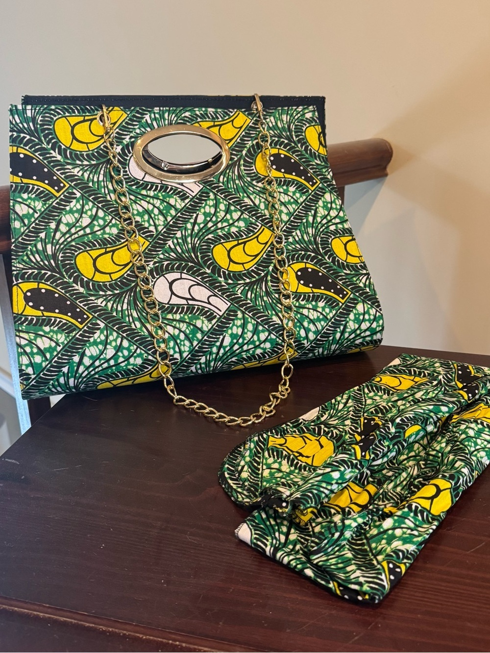 African Ankara Style Green Structured Handbag Head Scarf Set Convertible Chain